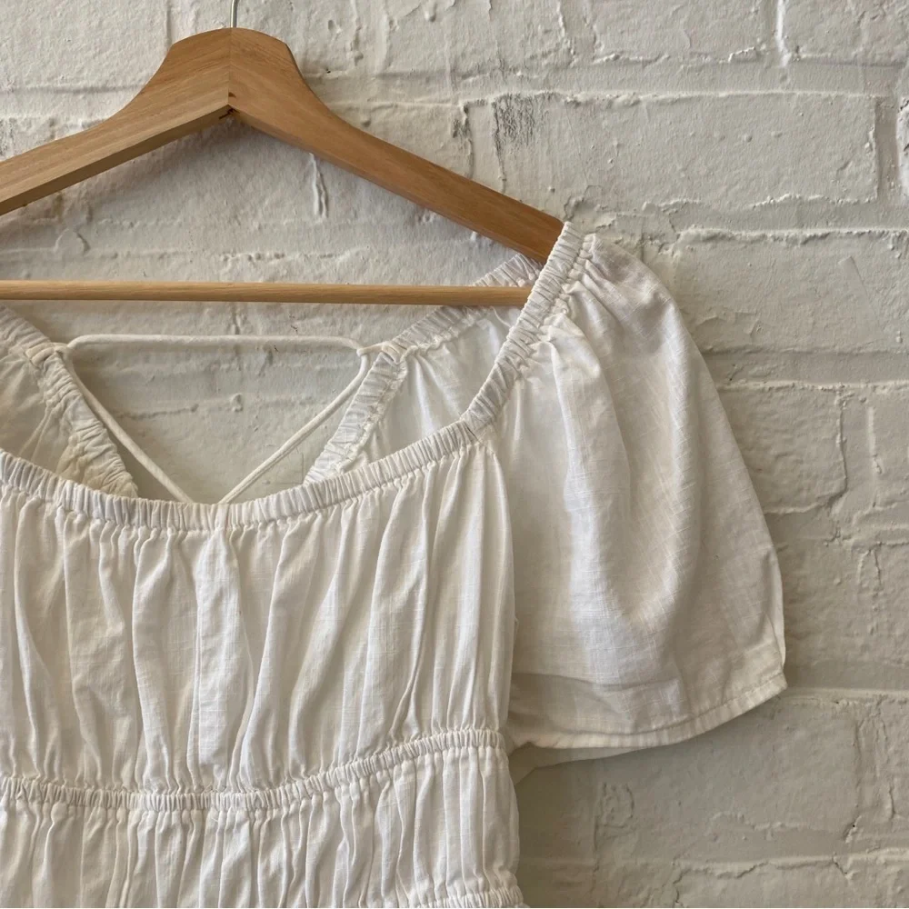 Free People || Phoebe‎ Smocked Puff Sleeve Lace Up Open Back Top White XS